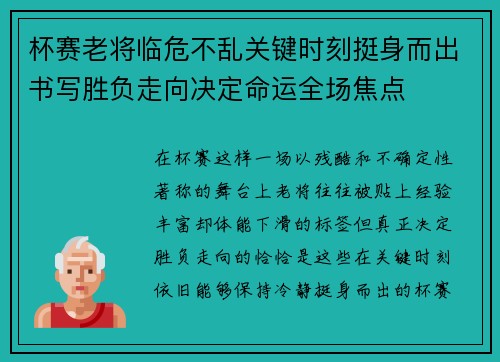 杯赛老将临危不乱关键时刻挺身而出书写胜负走向决定命运全场焦点 杯赛老将临危不乱关键时刻挺身而出书写胜负走向决定命运全场焦点